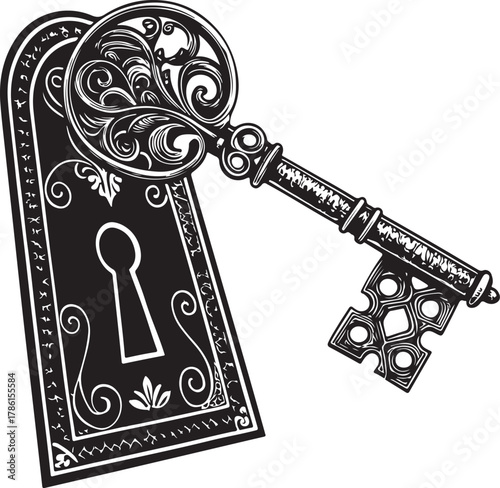 Ornate vintage key inserted into a decorative keyhole on a white background Keywords: key, keyhole, vintage, ornate, antique, lock, security, access, secret, mystery, illustration, black and white