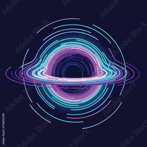 An artistic depiction of a black hole, illustrated with vibrant neon lines and a dark background, representing cosmic phenomena.