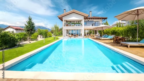 Wallpaper Mural Aerial view of a rectangular swimming pool with a clear blue sky and lush greenery surrounding it. The pool is bordered by a wooden deck with a few lounge chairs and a table. Torontodigital.ca