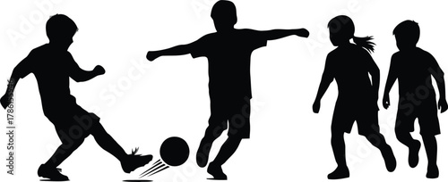 Silhouette of children playing soccer on a white background.
