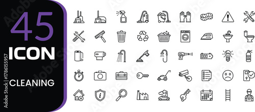 Collection of 45 simple outline icons representing various cleaning tools and supplies for household chores and hygiene