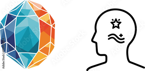 Abstract geometric crystal with vibrant colorful facets and a stylized human head profile with icons representing ideas and thoughts