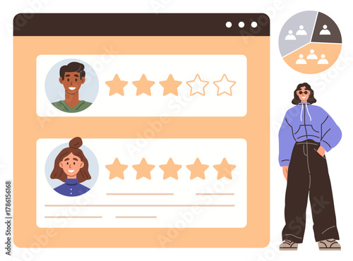 User profile cards with star ratings on an interactive web platform, accompanied by a stylish individual. Ideal for feedback, reputation, community, communication, teamwork, evaluation, ranking