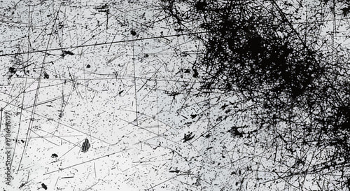 Abstract Black Ink Splatter Grunge Texture Over Light Gray Background With Scratches