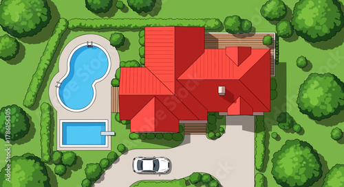 Aerial View of a Luxurious Modern House with a Swimming Pool, Deck, and Lush Green Garden, Top Down Perspective