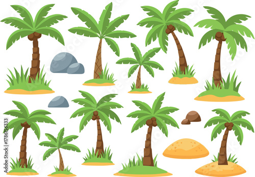 Cartoon palm trees. Tropical cartoon palm and banana trees with grass, rocks, and sand islands. Exotic summer landscape elements for vacation, travel, nature scenes. Flat colorful vector set.