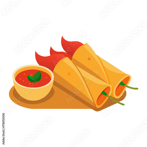 Thai Spring Rolls with Sweet Chili Sauce Vector Illustration 