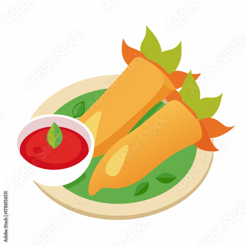 Thai Spring Rolls with Sweet Chili Sauce Vector Illustration 