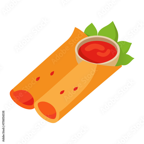 Thai Spring Rolls with Sweet Chili Sauce Vector Illustration 