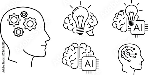 Artificial Intelligence Brain Concept Icons Set, AI Technology and Human Mind Connection Ideas, Digital Innovation