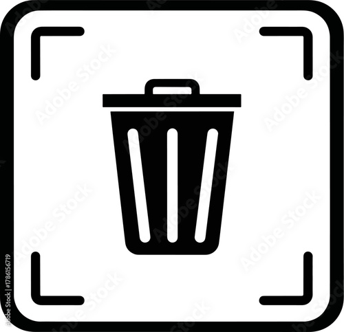 Black and White Icon of a Trash Can or Waste Bin with Corner Focus Symbols Representing Deletion or Removal