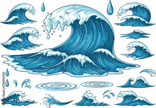 Cartoon sea waves. Blue powerful ocean tide wave with curling water splashes and foam, big tsunami. Surf, tropical design, summer marine water elements. Nautical vector isolated set with white backgro
