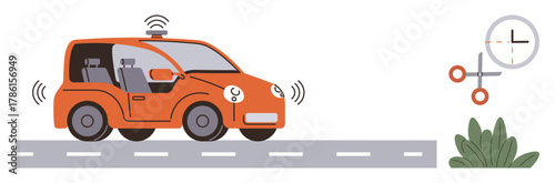Orange autonomous vehicle driving on a road emitting wireless signals, GPS clock, and route. Ideal for transportation, technology, innovation, AI, automation navigation and future mobility. Simple