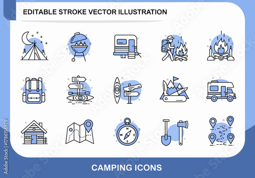 Camping Icons Set Editable Stroke Vector Illustration Collection Outdoor Adventure Activities And Equipment
