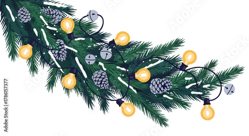 A beautifully illustrated festive fir branch adorned with glowing string lights, frosted pine cones, and delicate silver bells, evoking the spirit of winter holidays.