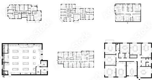 Collection of six different floor plans for apartments or houses