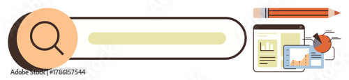 Magnifying glass over search bar, pencil, charts, and analytics. Ideal for research, analysis, marketing, education learning digital tools and problem-solving. Simple flat metaphor