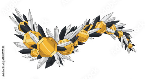 A luxurious decorative element illustration, featuring sharp black and white crystals and shiny golden geometric shapes, forming an elegant abstract design.
