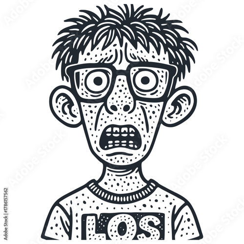 A caricature of a shocked or disgusted nerdy teenager with acne and braces. Vector illustration in a classic black and white comic or woodcut art style.