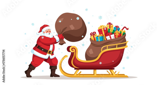 Santa claus with a sack of gifts and a sleigh full of presents during winter snowfall