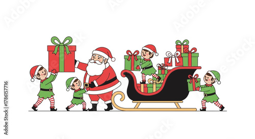 Santa claus and cheerful elves loading gifts into a sleigh for christmas delivery with festive holiday spirit