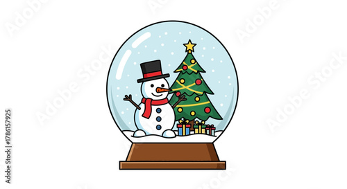 Charming cartoon snowman wearing a top hat and scarf stands beside a decorated christmas tree and presents inside a snow globe