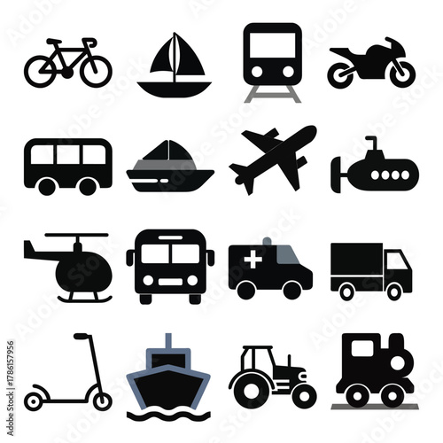 An icon set of different transports, vehicles.