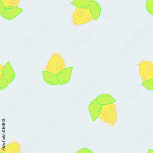 Sweet corn seamless pattern in cartoon style. Healthy fruit food doodle background. Corn farm design for wallpaper, clothing, wrapping, fabric, stationery, and phone cases.