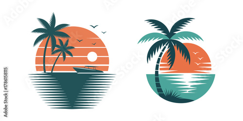 Tropical retro sunset beach island scene with palm trees and ocean vacation vector illustration