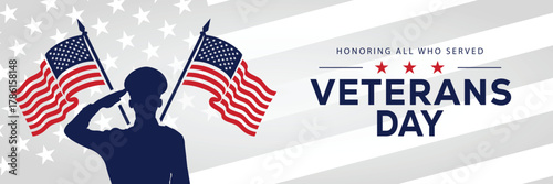Veterans Day banner with a soldier silhouette saluting, flanked by American flags, set against a background of stars and stripes. Honors veterans and service members who served the USA.