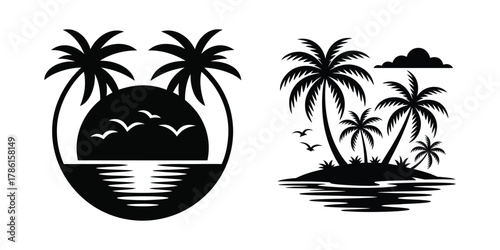Stylized tropical island palm trees silhouette vector set with ocean reflection and birds.