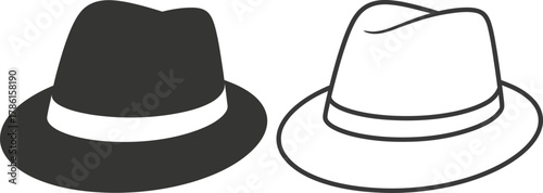 Two fedora hats, a black silhouette and a white outline, representing concepts of duality, choice, and style.