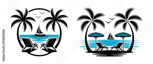 Tropical island getaway scenes: palm trees, sailboats, beach chairs, vacation concept