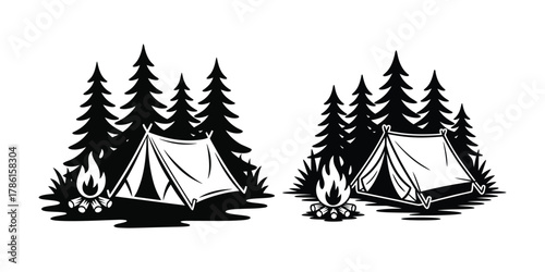 Camping tents with pine trees and campfire, classic outdoor adventure emblem vector art