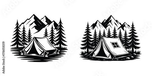 Camping tents in mountain landscape with pine trees. outdoor adventure and nature exploration concept.