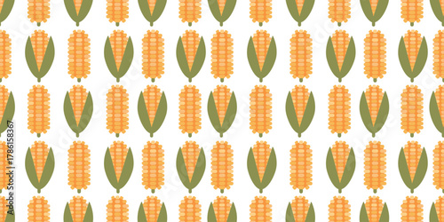 Seamless harvest pattern featuring ripe corn cobs with yellow kernels. Ideal for textile, wrapping paper, and rustic Thanksgiving designs.