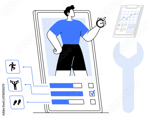 User standing in a mobile app tracking fitness goals with workout stats. Ideal for fitness, health tracking, technology, self-improvement, goal-setting, mobile apps, innovation. Simple flat metaphor