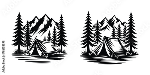 Two monochrome camping illustrations with tents, pine trees, and majestic mountains