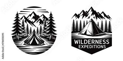 Outdoor adventure vector emblems featuring mountains, pine forests, and camping tents