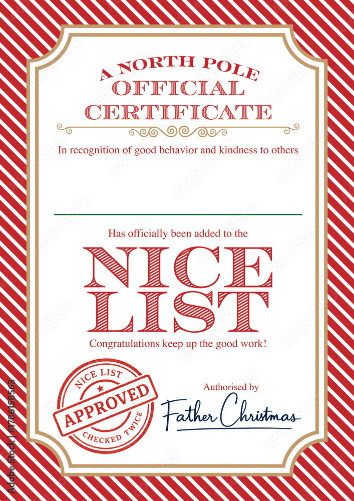 Naklejka premium Christmas Nice List Certificate Template — Official Santa Claus North Pole Printable Award