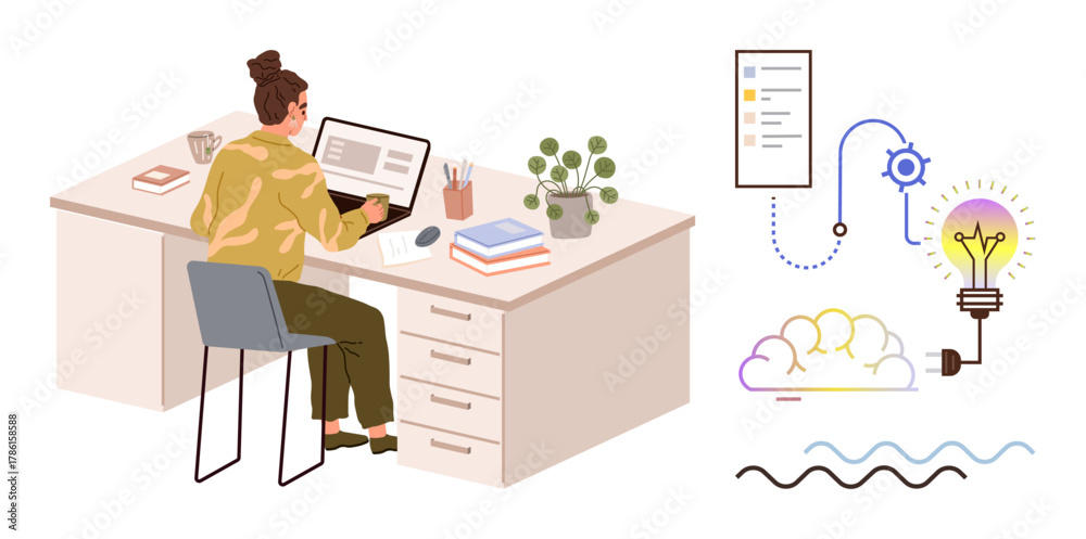 © robu_s - Woman in casual attire working on a laptop at a desk surrounded by office tools, potted plant, books, coffee cup. Adjacent icons illustrate creative workflow, ideas, and problem-solving. Ideal