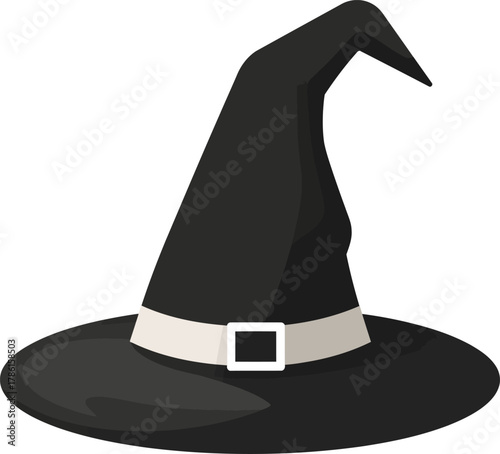 A classic pointed black witch's hat with a wide brim and a white band featuring a square buckle, isolated on a white background.