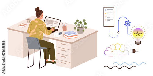 Woman in casual attire working on a laptop at a desk surrounded by office tools, potted plant, books, coffee cup. Adjacent icons illustrate creative workflow, ideas, and problem-solving. Ideal