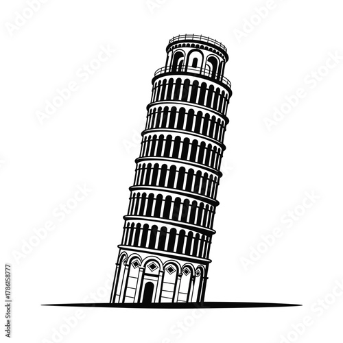Leaning tower of pisa architectural illustration in black and white