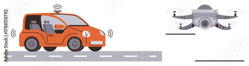 Orange self-driving car and gray surveillance quadcopter using wireless communication. Ideal for technology, innovation, transportation, automation, connectivity, future, logistics. Simple flat