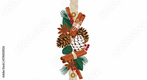 A festive vertical arrangement of Christmas elements, including cinnamon sticks, pinecones, and star anise, perfect for holiday-themed designs.