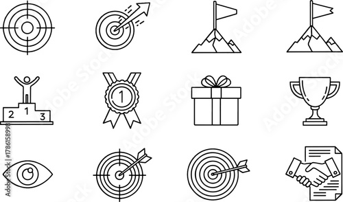 Collection of business and success icons featuring targets, mountains, awards, and goal achievement symbols, vector illustration