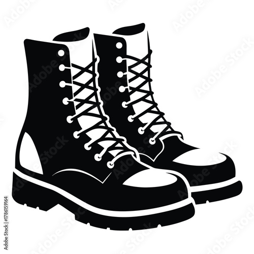 military combat boot black and white silhouette on white background