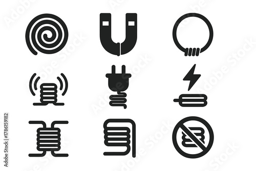 Induction Coil Icons. Solid style icons of induction coils: spiral coil, magnet, wire loop, circuit board, energy waves, plug,
