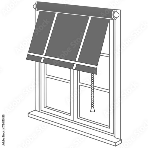 A gray window shade or blind with a roller mechanism against a white background in a simple graphic style